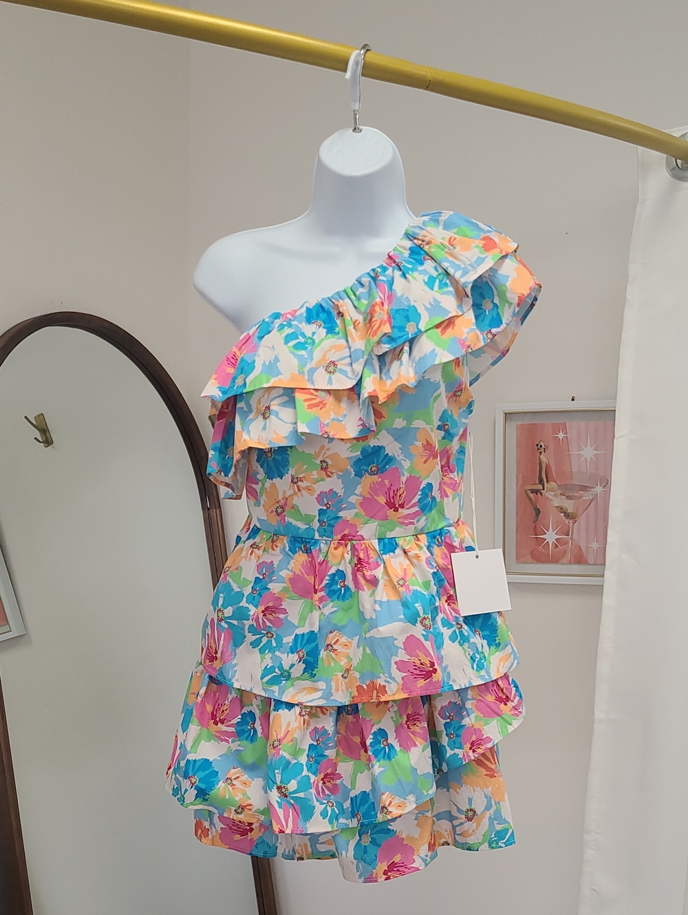 One-Shoulder Ruffle Floral Romper - Blue/Multi